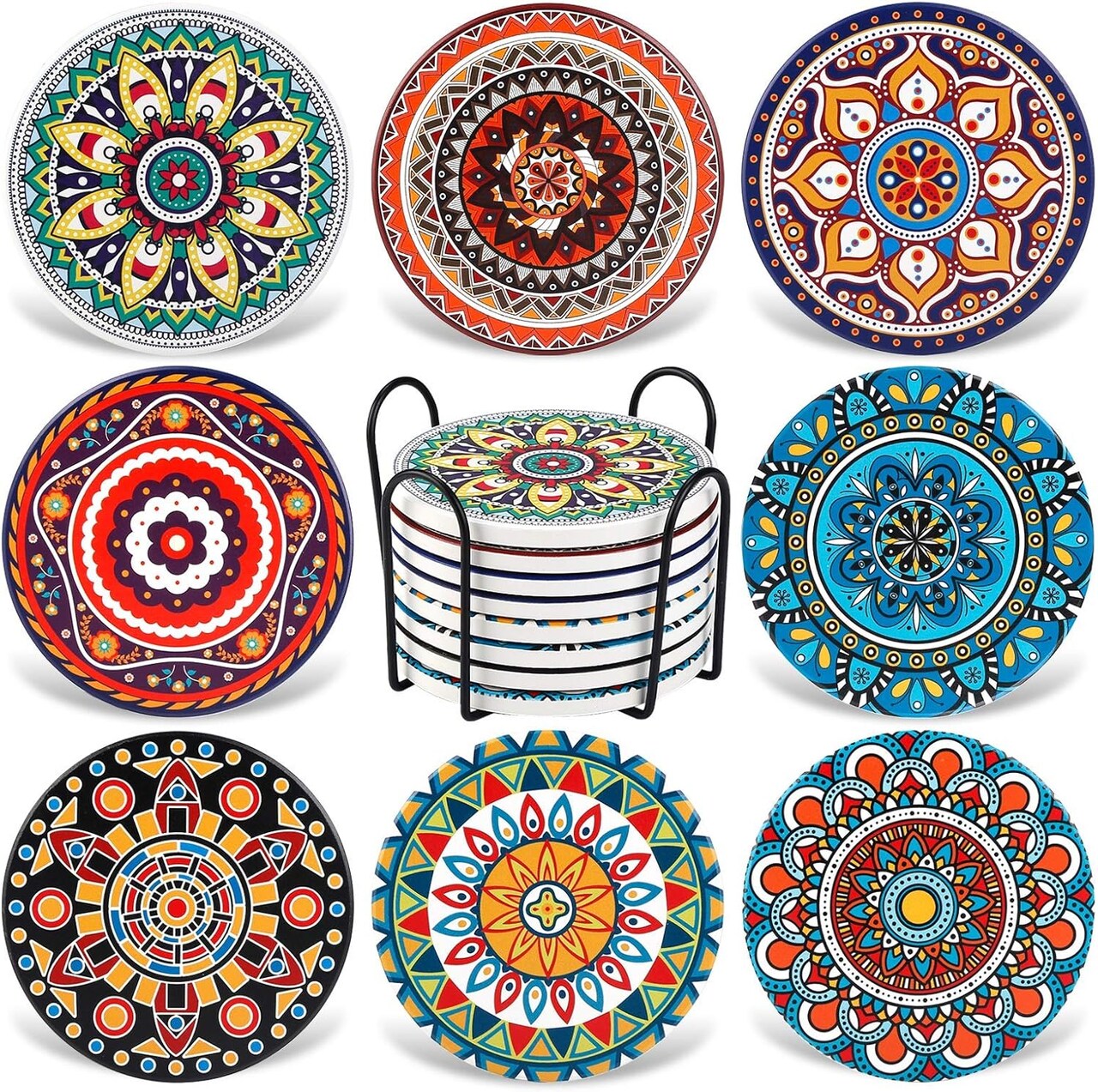 Coasters for Drinks,Set of 8 Absorbent Stone Coasters for Wooden Table, Mandala Ceramic with Cork Base, Gift for Housewarming Birthday and Family - Great Home and Dining Room Decor